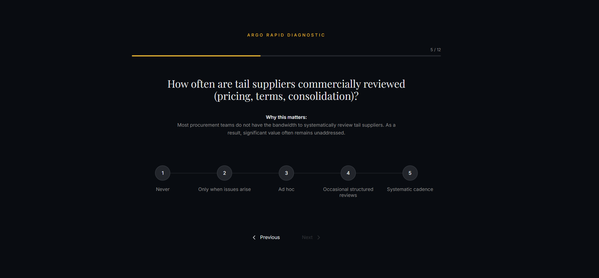 Argo Rapid Diagnostic — example question showing a 5-point scale on tail supplier review frequency